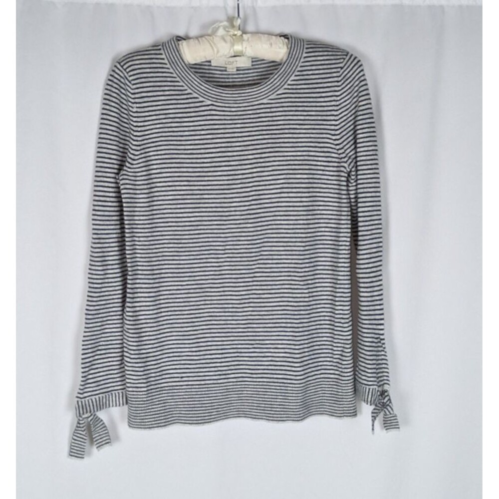 Loft Sweater XS Women's Striped Tie End Long Sleeve Wool Blend Knit Pullover